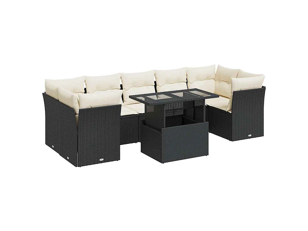 8 pcs conjunto sofás de jardim com almofadões vime PE preto