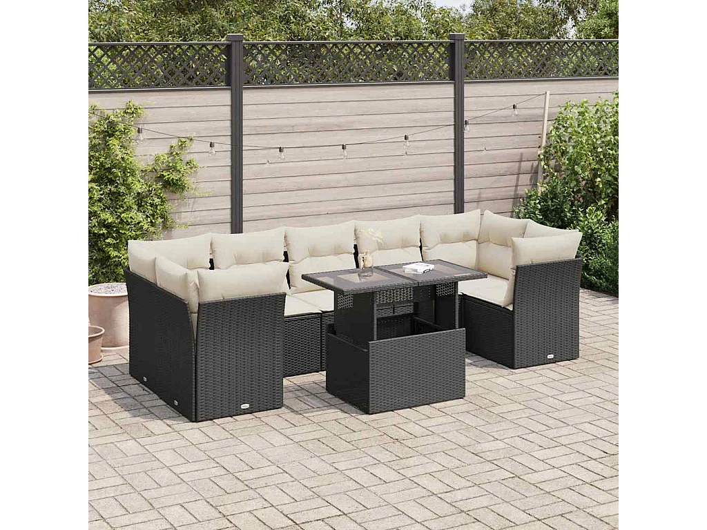 8 pcs conjunto sofás de jardim com almofadões vime PE preto