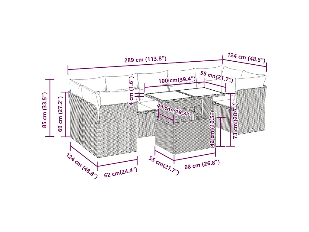 8 pcs conjunto sofás de jardim com almofadões vime PE preto