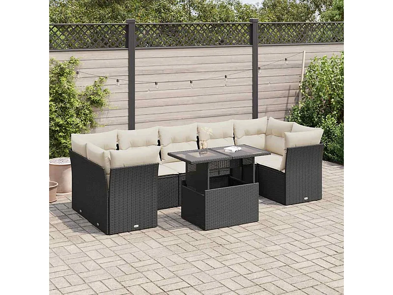 Salon de jardin 8 pcs avec coussins noir résine tressée