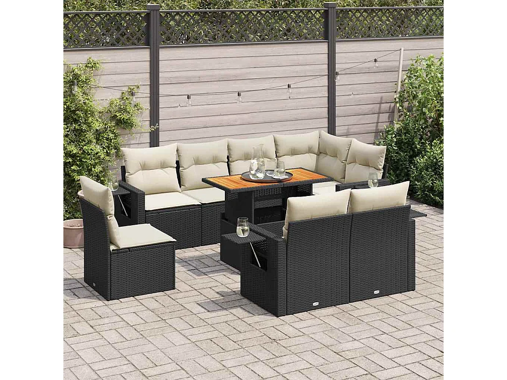 Set Divani da Giardino 9 pz con Cuscini Nero in Polyrattan