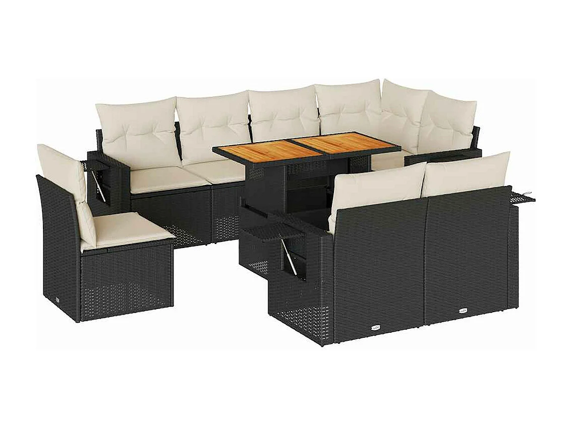 Set Divani da Giardino 9 pz con Cuscini Nero in Polyrattan