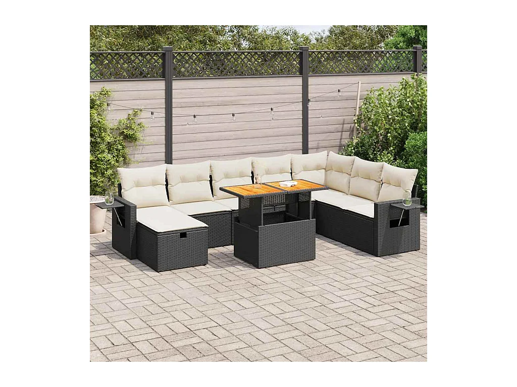 Salon de jardin avec coussins 9 pcs noir résine tressée acacia