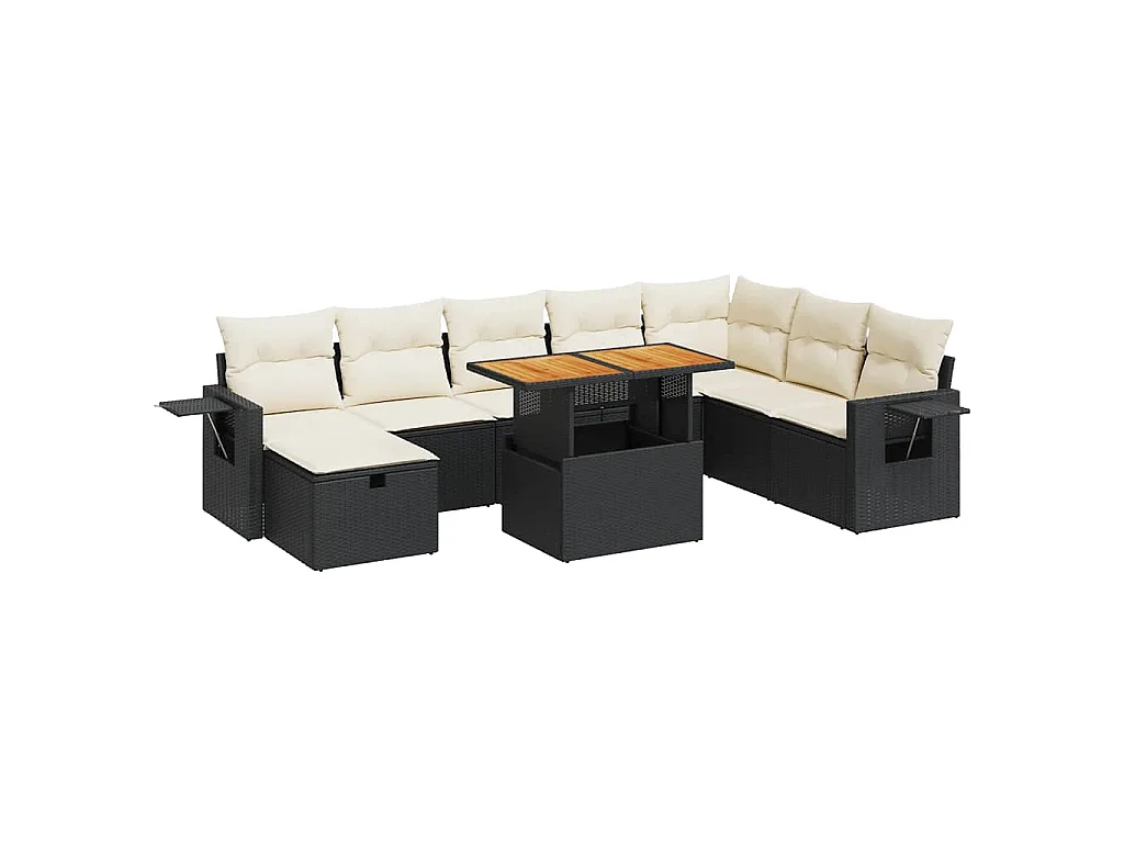 9-delige Loungeset met kussens poly rattan acacia zwart
