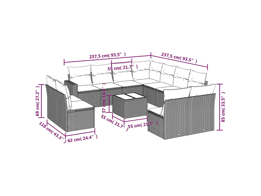 12-tlg. Garten-Sofagarnitur mit Kissen Braun Poly Rattan