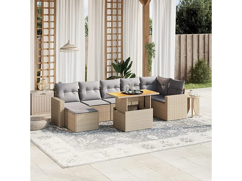 Salon de jardin avec coussins 8 pcs beige résine tressée