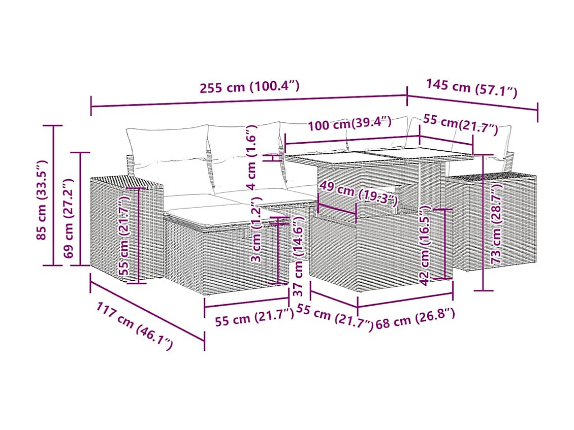 Salon de jardin 8 pcs avec coussins gris clair résine tressée