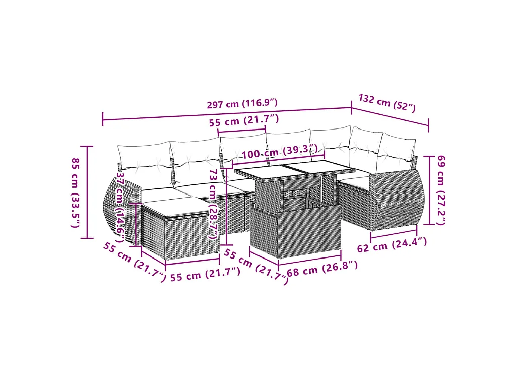 8-delige Loungeset met kussens poly rattan beige