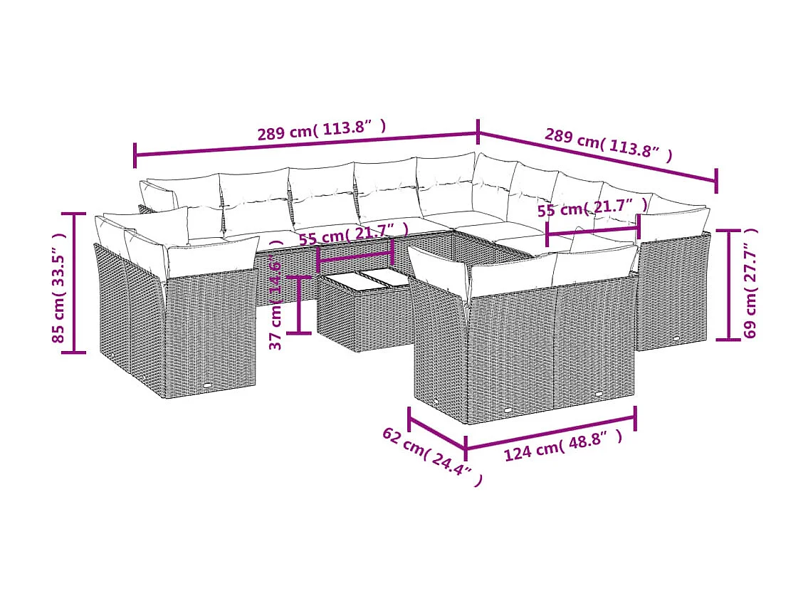 Salon de jardin avec coussins 14 pcs marron résine tressée