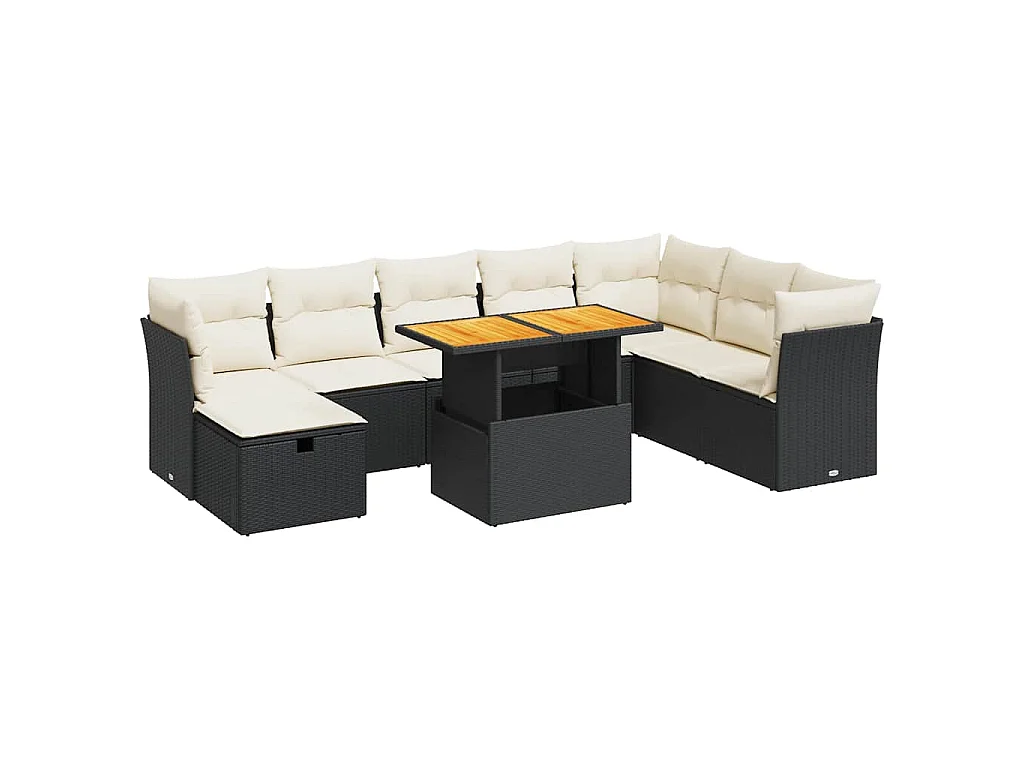 Salon de jardin avec coussins 9 pcs noir résine tressée acacia