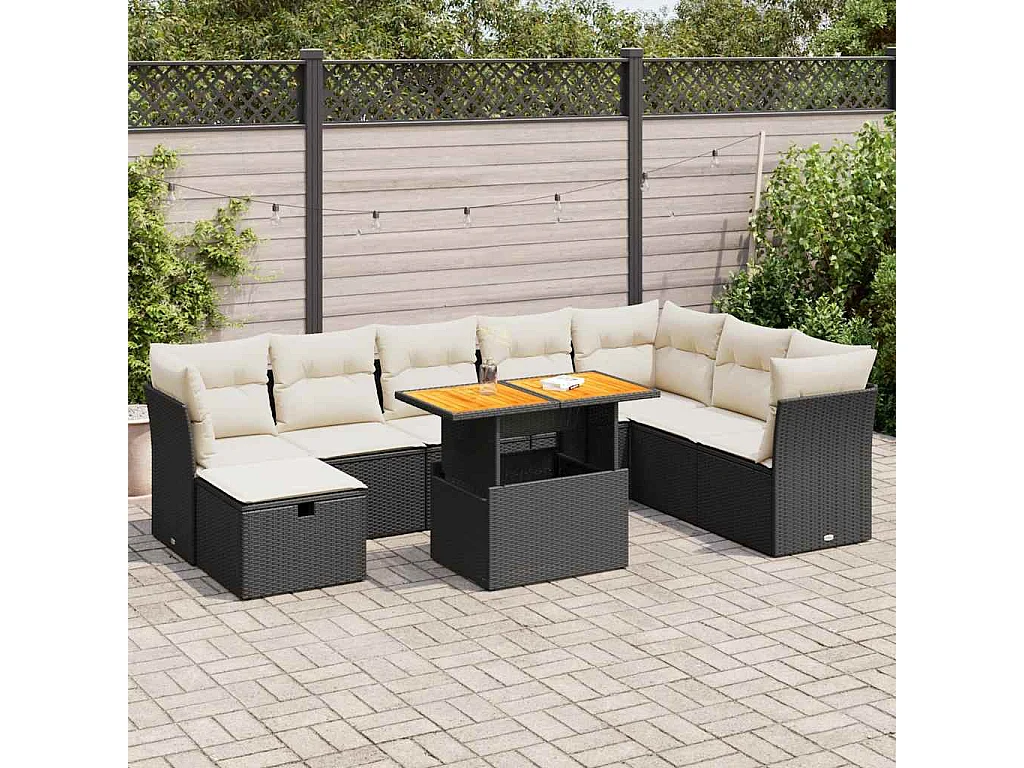Salon de jardin avec coussins 9 pcs noir résine tressée acacia