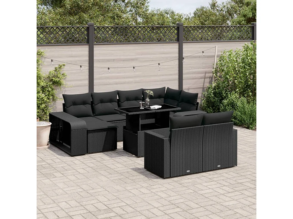 Salon de jardin 11 pcs avec coussins noir résine tressée