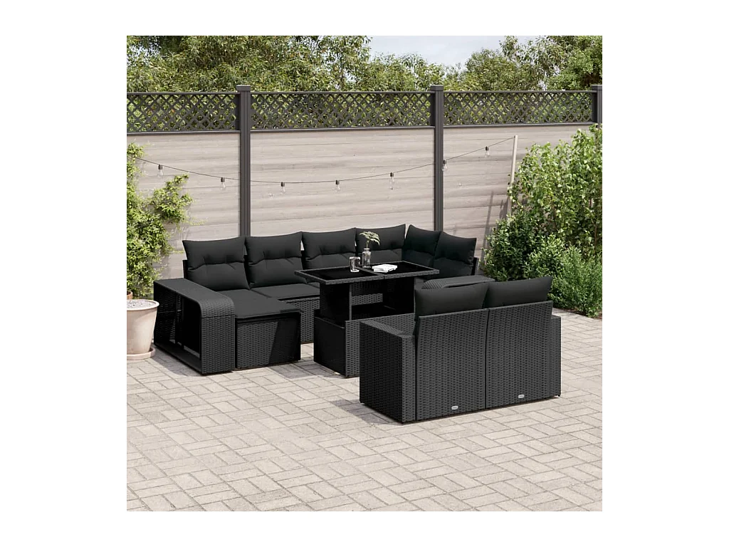 Salon de jardin 11 pcs avec coussins noir résine tressée