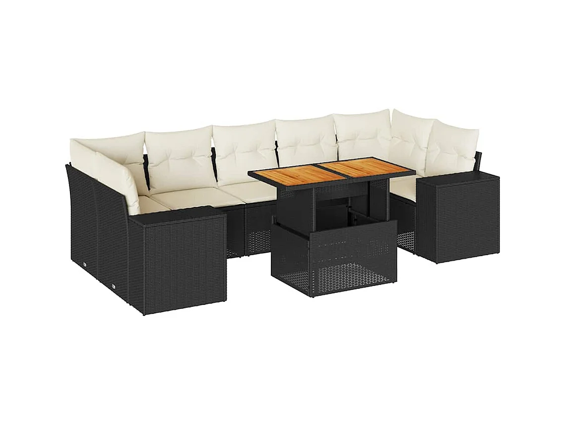 Salon de jardin 8 pcs avec coussins noir résine tressée