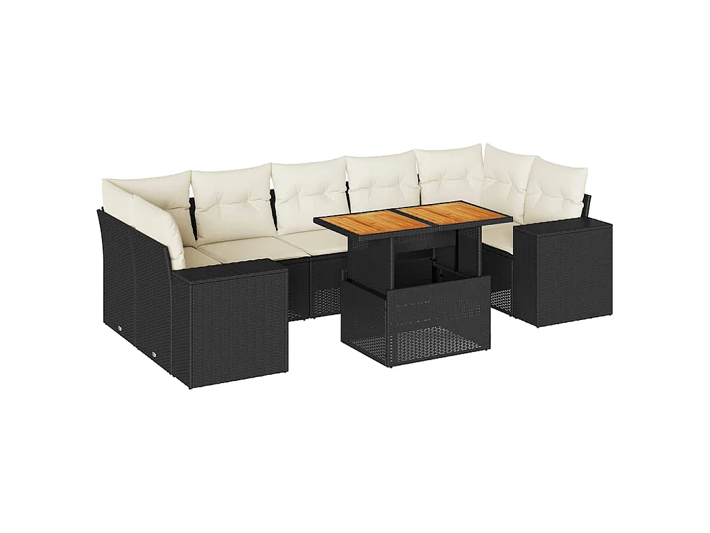 8-delige Loungeset met kussens poly rattan zwart