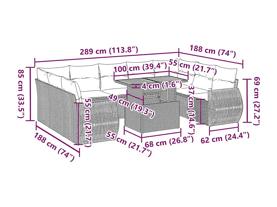 Salon de jardin 10 pcs avec coussins noir résine tressée