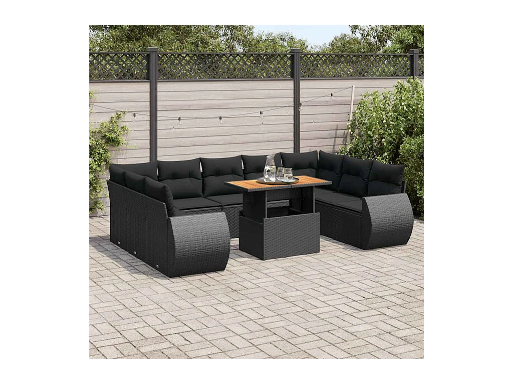 Salon de jardin 10 pcs avec coussins noir résine tressée
