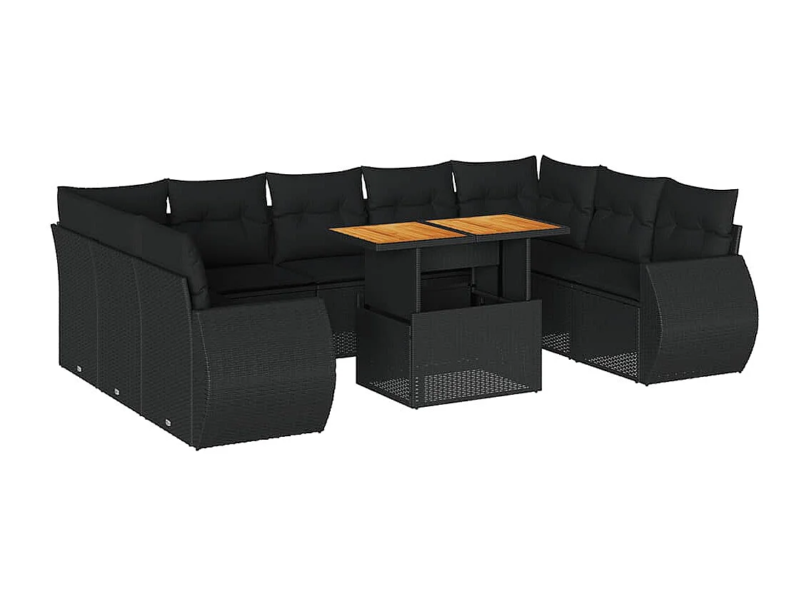 Salon de jardin 10 pcs avec coussins noir résine tressée