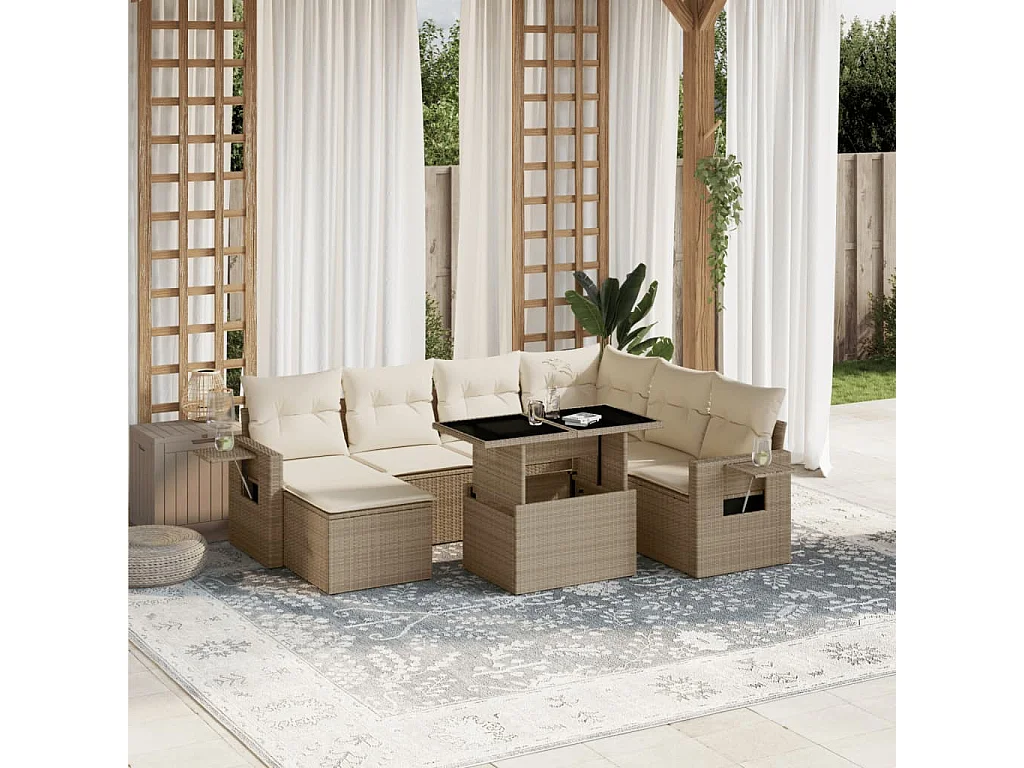 Salon de jardin avec coussins 8 pcs beige résine tressée
