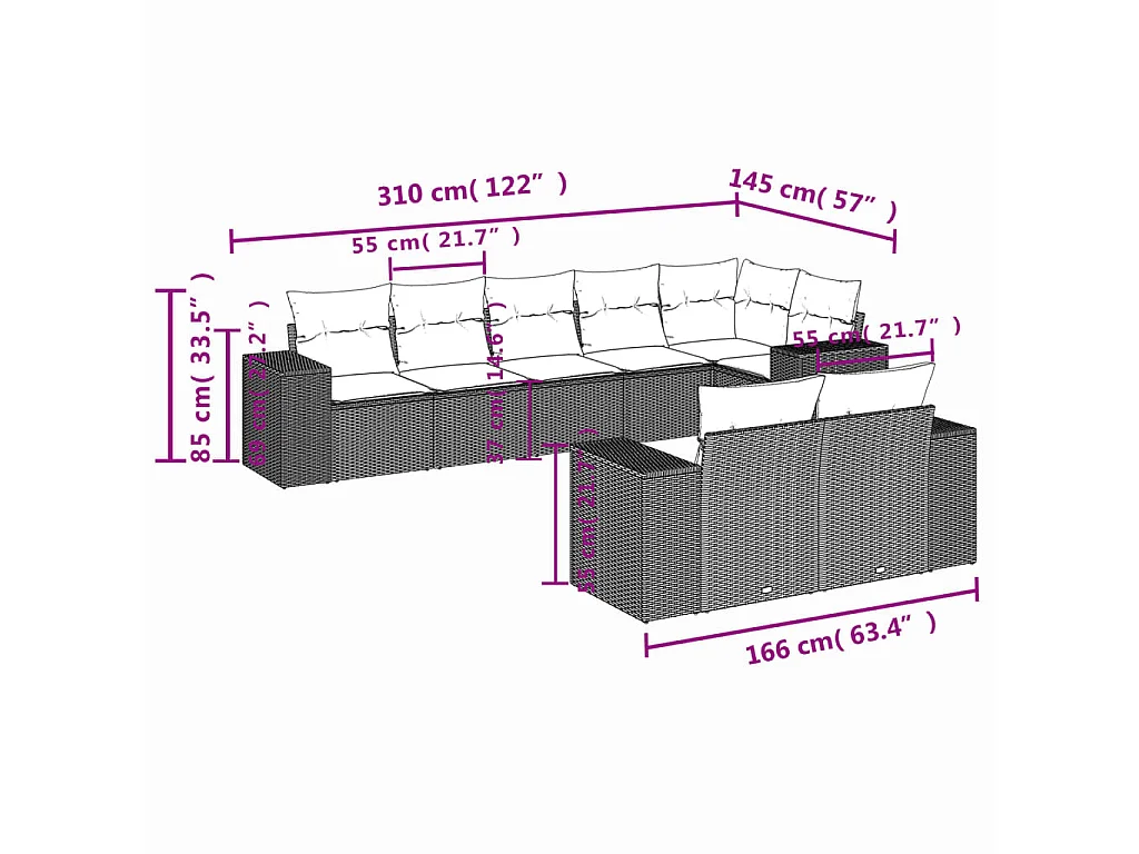 8-delige Loungeset met kussens poly rattan bruin