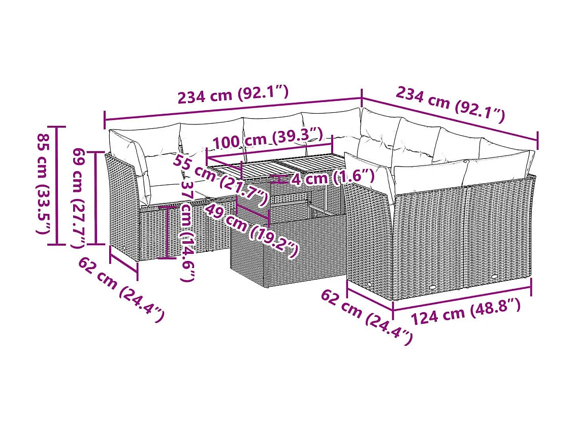 9-tlg. Garten-Sofagarnitur mit Kissen Schwarz Poly Rattan