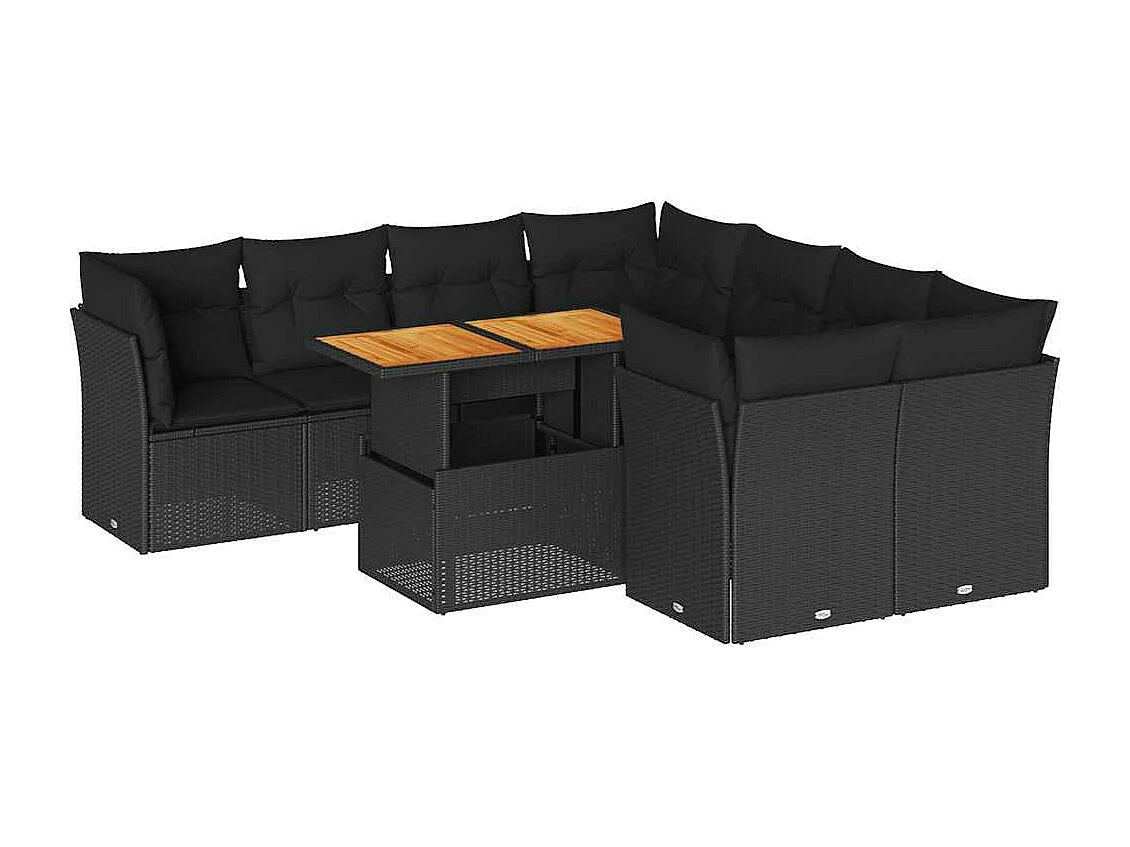 Salon de jardin 9 pcs avec coussins noir résine tressée