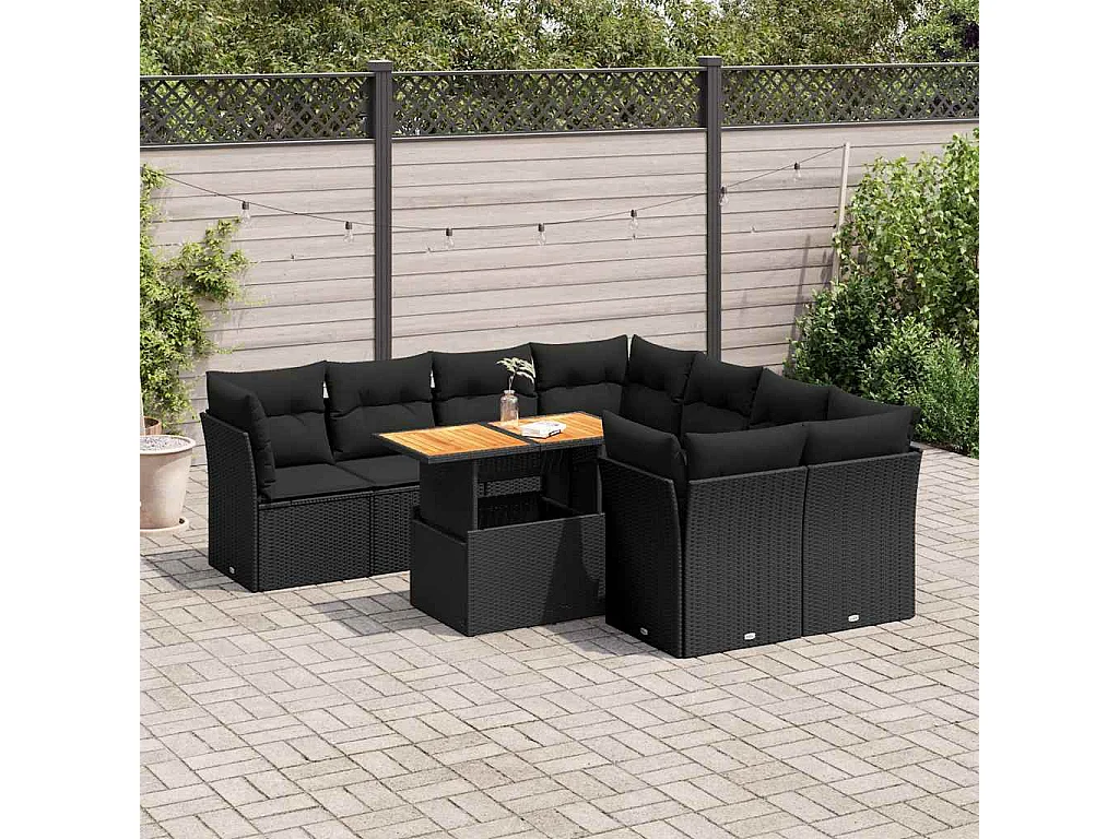 Salon de jardin 9 pcs avec coussins noir résine tressée