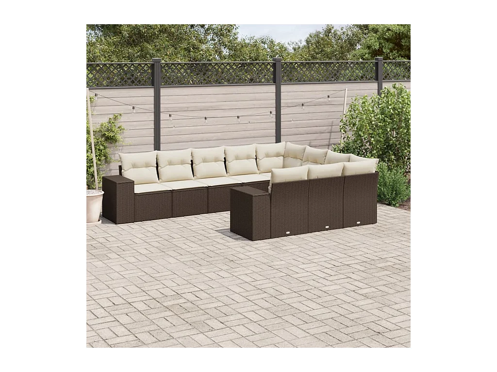 Salon de jardin 10 pcs avec coussins marron résine tressée