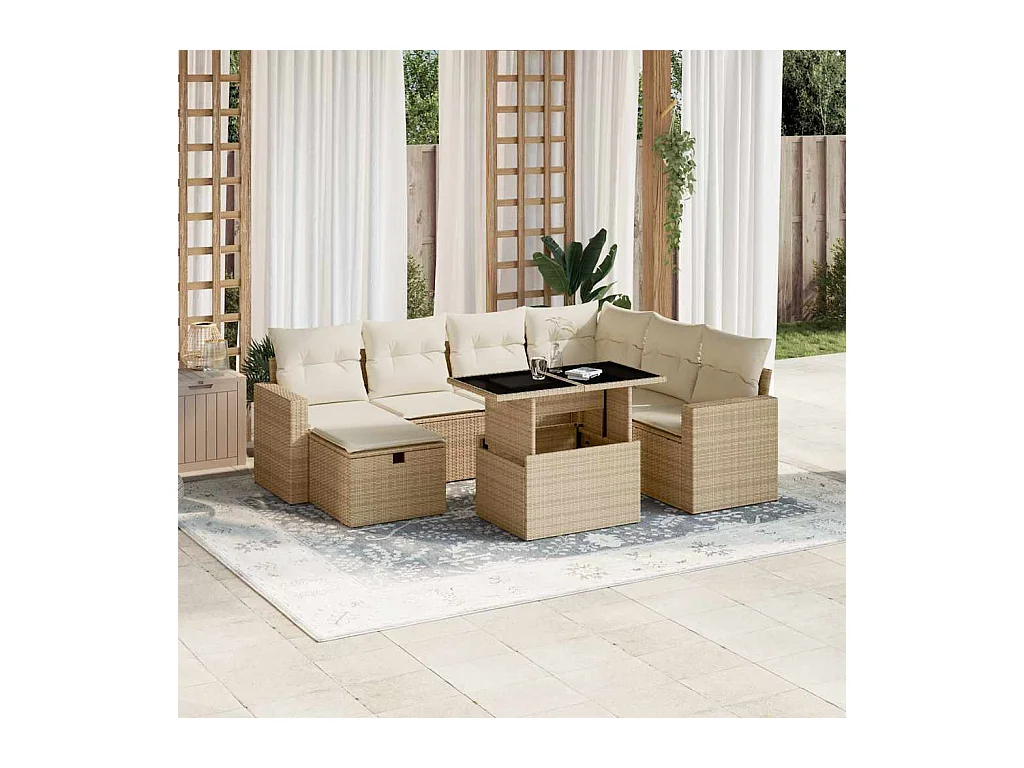 Salon de jardin avec coussins 8 pcs beige résine tressée
