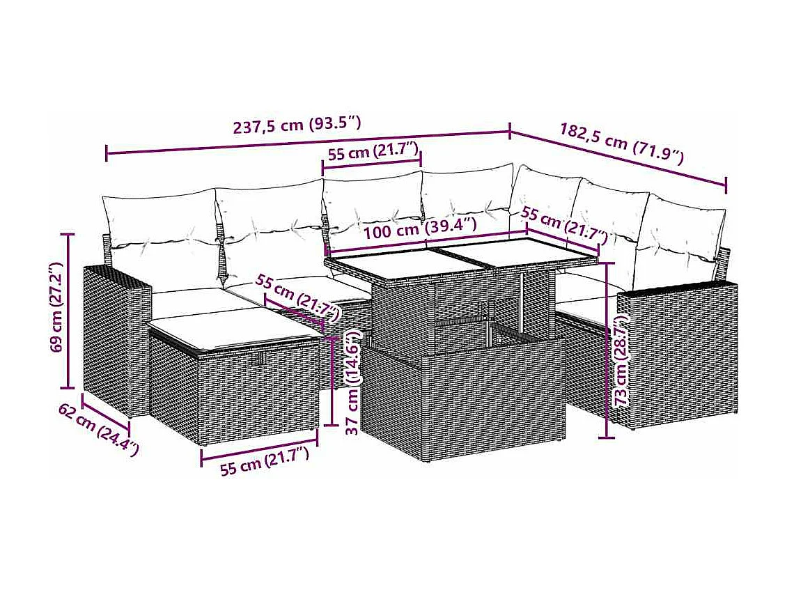 8-tlg. Garten-Sofagarnitur mit Kissen Beige Poly Rattan