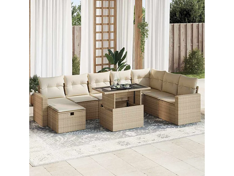 9-tlg. Garten-Sofagarnitur mit Kissen Beige Poly Rattan