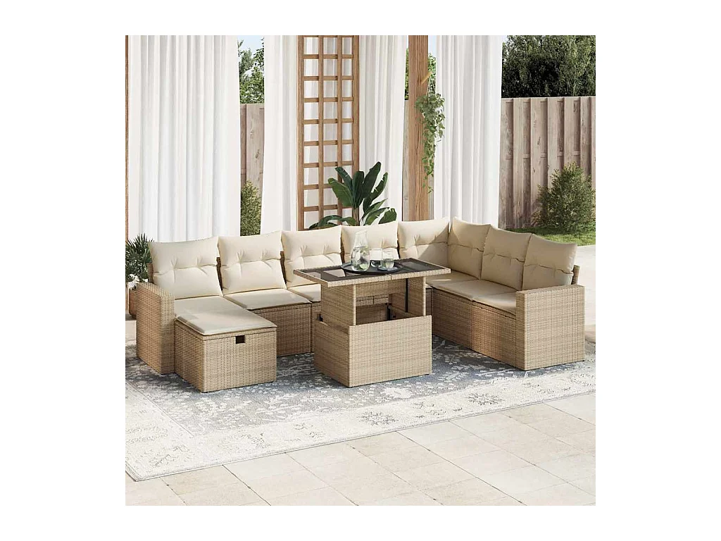 Set Divano da Giardino 9 pz con Cuscini Beige in Polyrattan