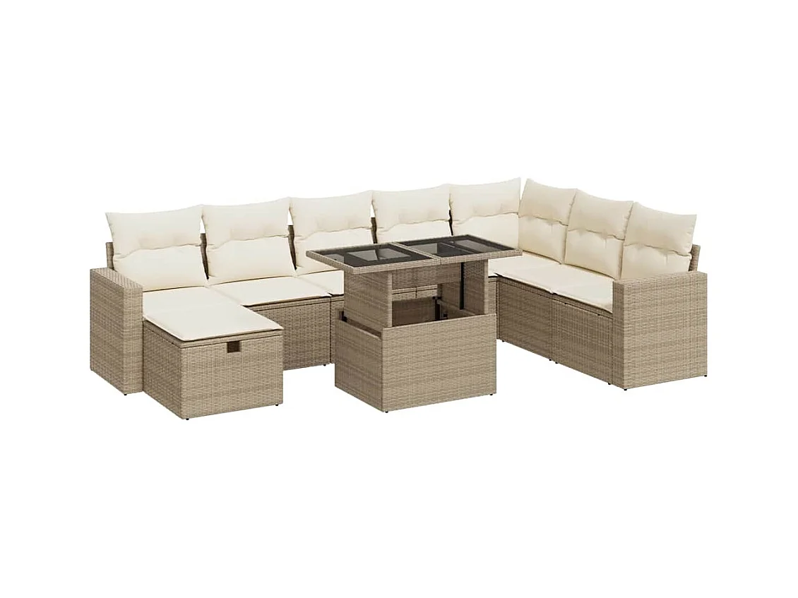 9-tlg. Garten-Sofagarnitur mit Kissen Beige Poly Rattan