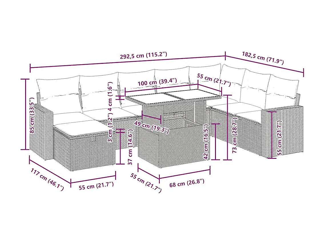 Salon de jardin avec coussins 9 pcs beige résine tressée