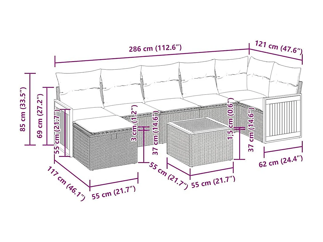 Salon de jardin 8 pcs avec coussins noir résine tressée