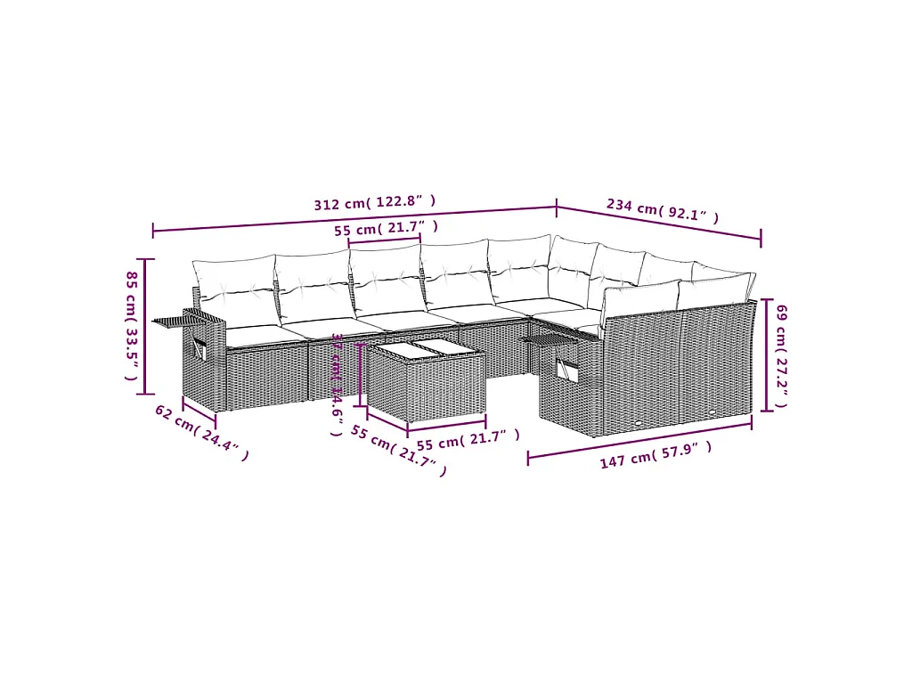 10-delige Loungeset met kussens poly rattan bruin