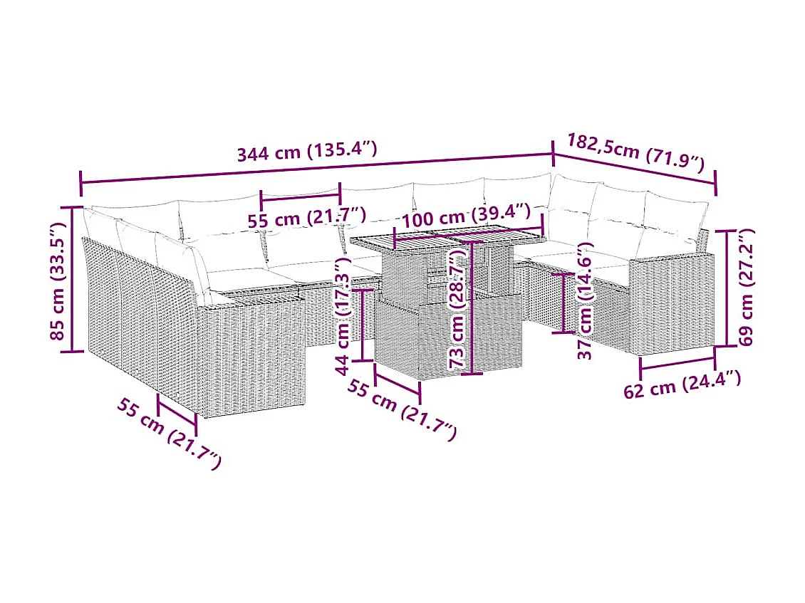 11 pcs conjunto sofás de jardim c/ almofadões vime PE bege