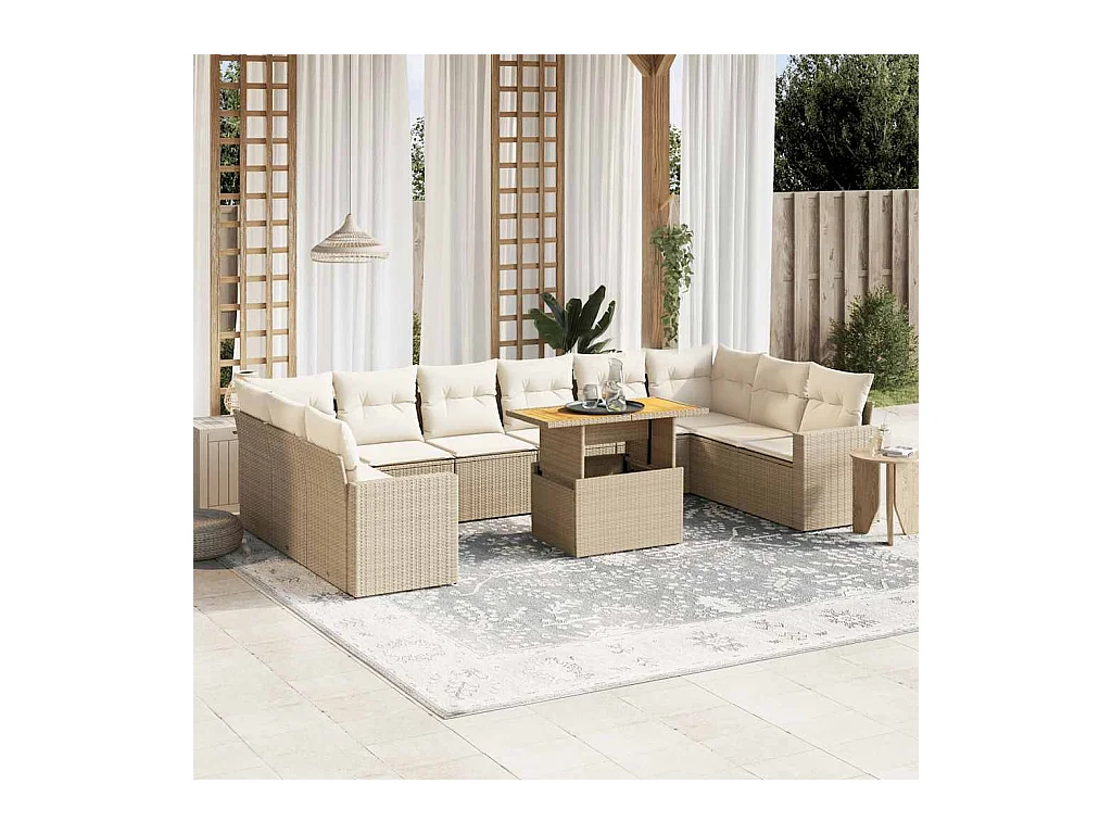 Salon de jardin 11 pcs avec coussins beige résine tressée
