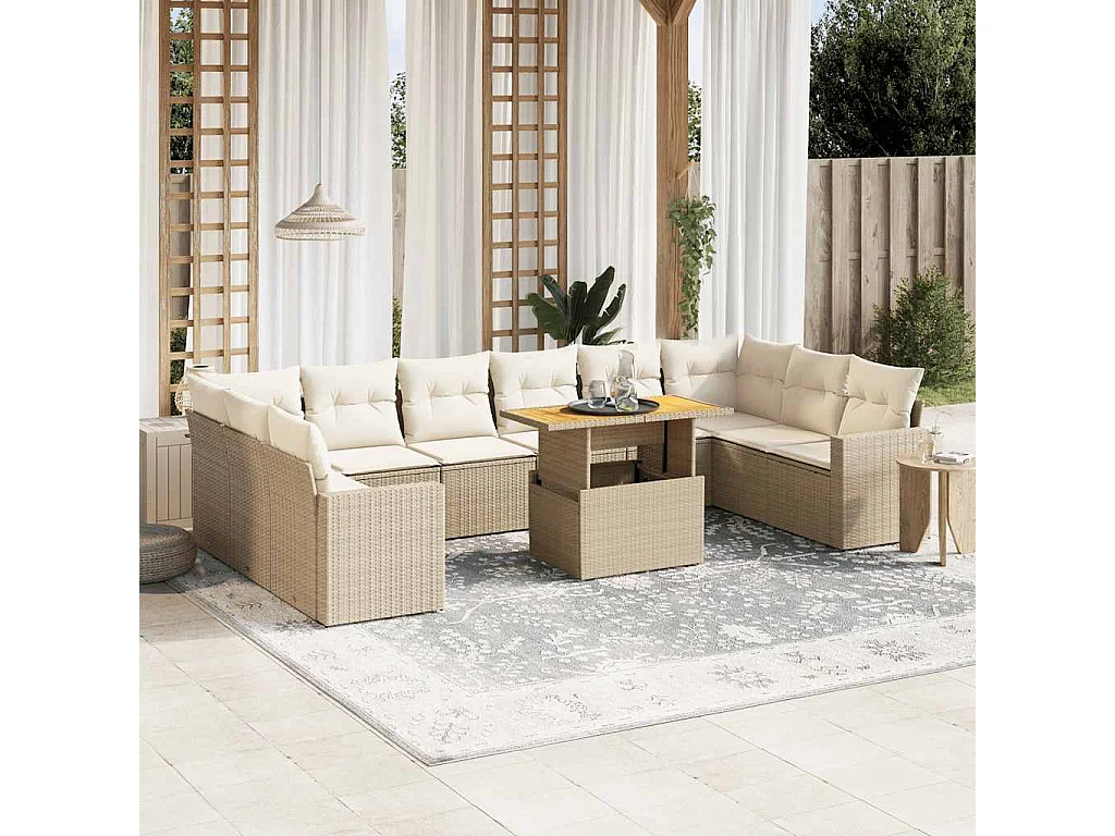 Salon de jardin 11 pcs avec coussins beige résine tressée