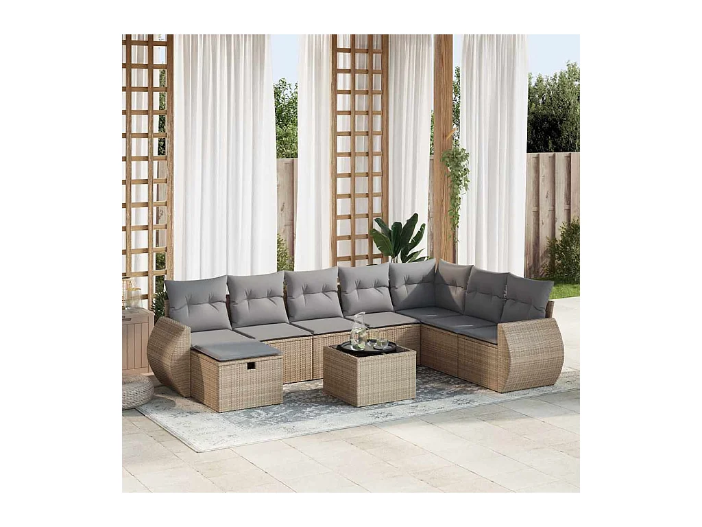 9 pcs conjunto de sofás p/ jardim com almofadões vime PE bege