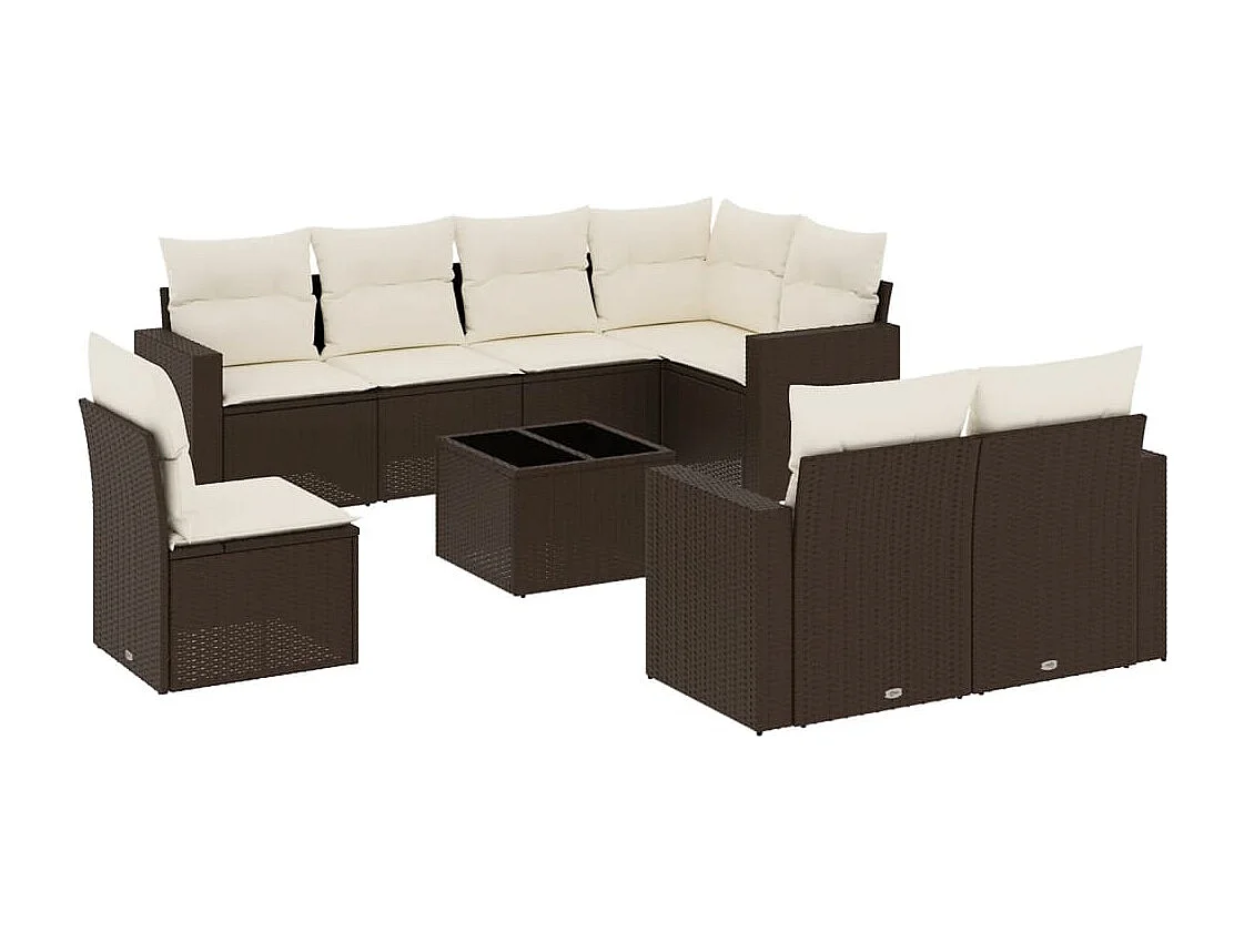 Salon de jardin avec coussins 9 pcs marron résine tressée
