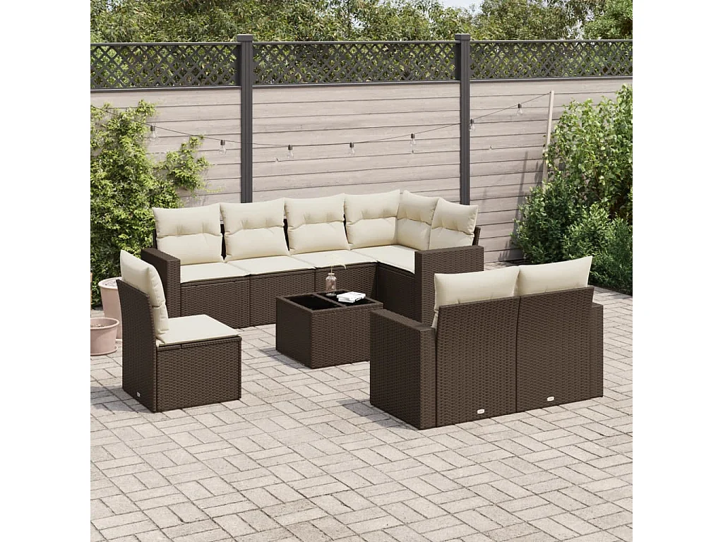 Salon de jardin avec coussins 9 pcs marron résine tressée