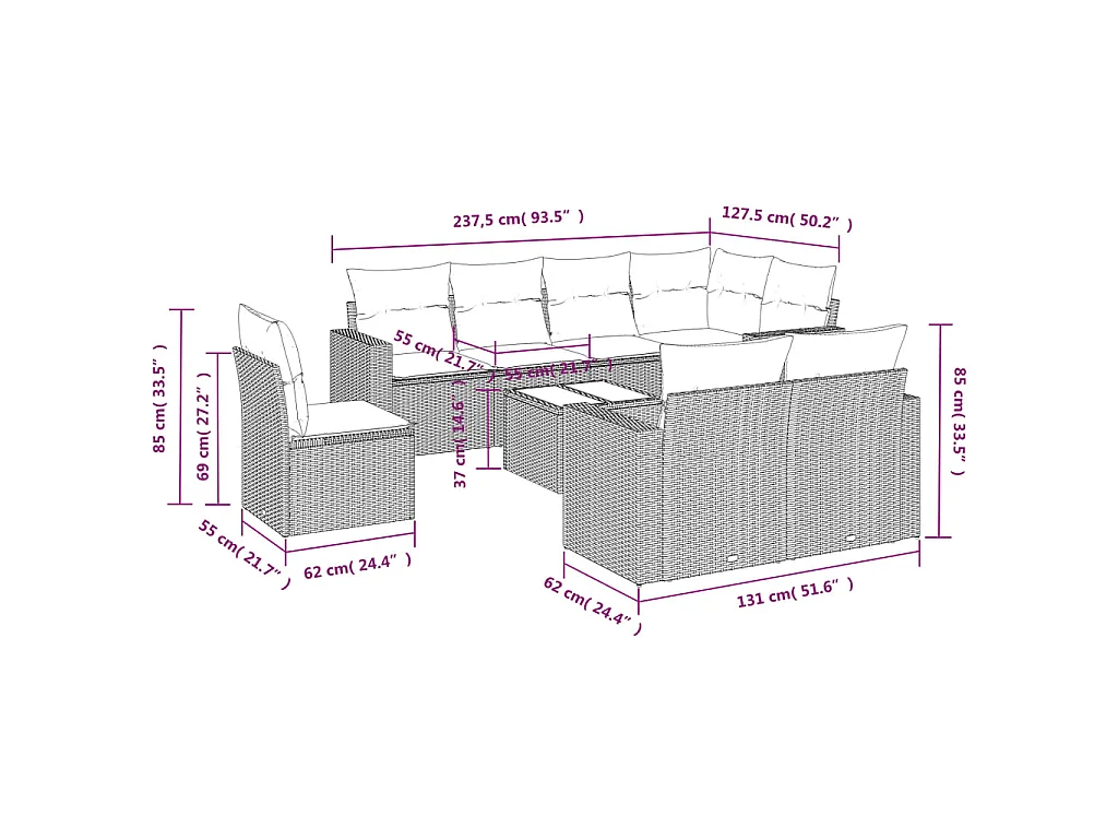 9-delige Loungeset met kussens poly rattan bruin