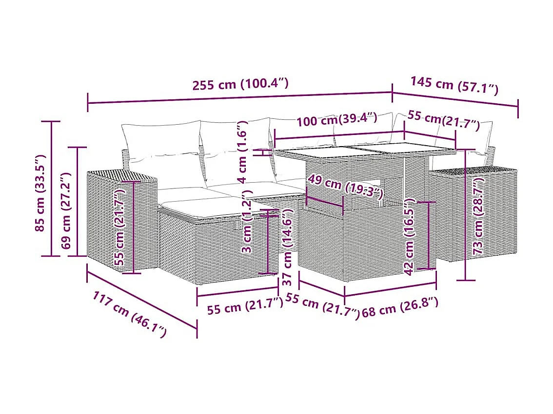 Salon de jardin 8 pcs avec coussins noir résine tressée