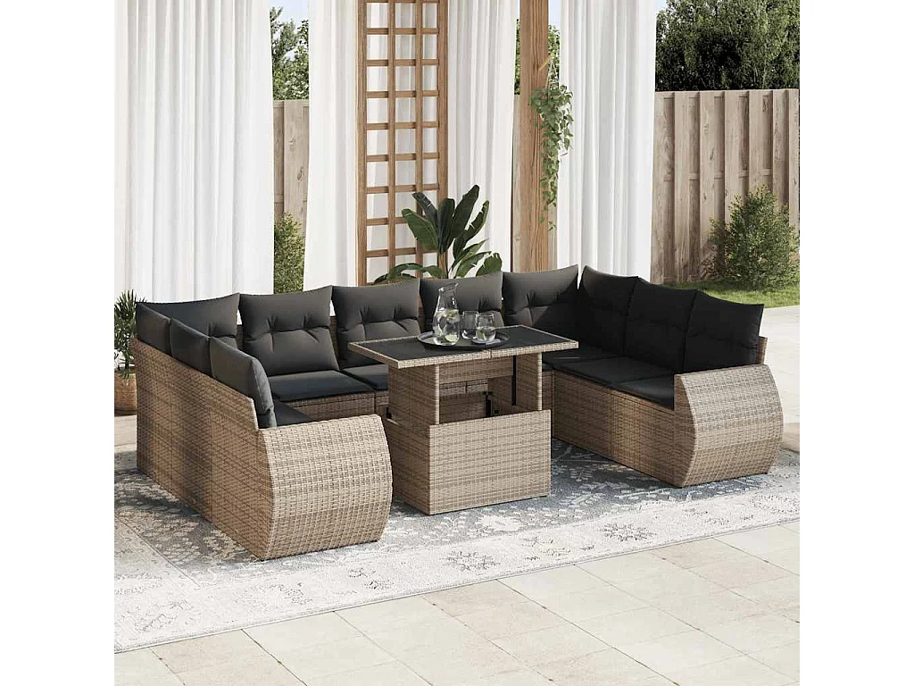 10-tlg. Garten-Sofagarnitur mit Kissen Grau Poly Rattan