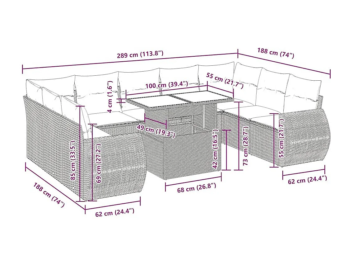 10-tlg. Garten-Sofagarnitur mit Kissen Grau Poly Rattan