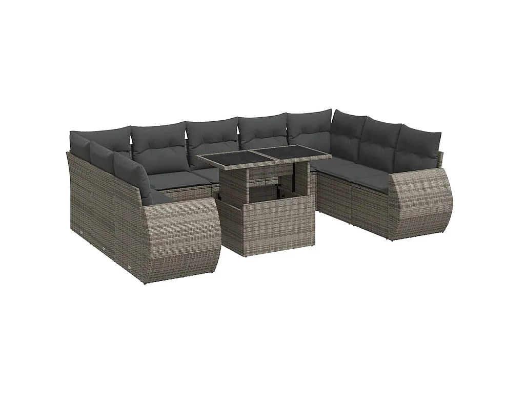 10-tlg. Garten-Sofagarnitur mit Kissen Grau Poly Rattan