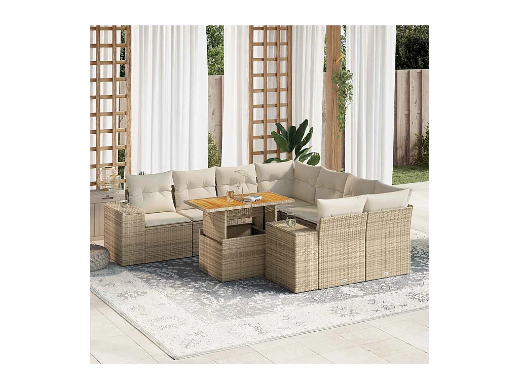 Salon de jardin avec coussins 9 pcs beige résine tressée