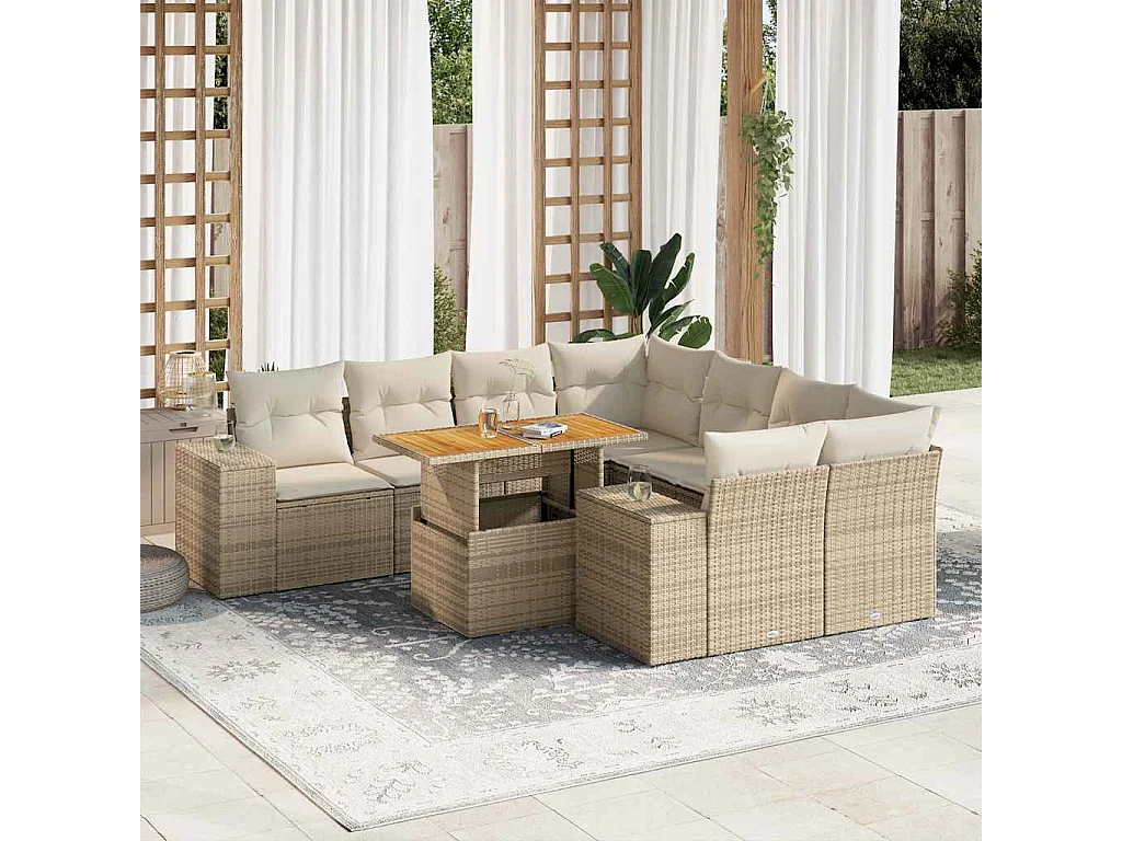 Salon de jardin avec coussins 9 pcs beige résine tressée