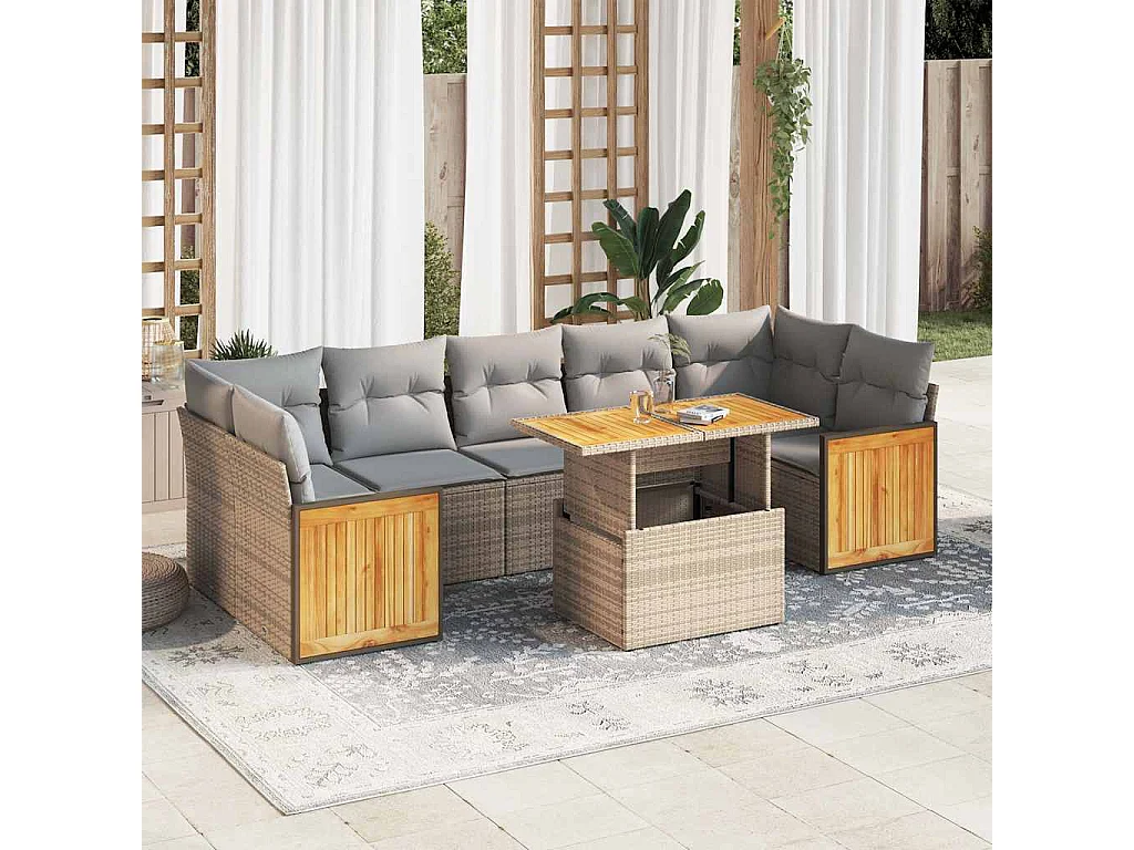 8-tlg. Garten-Sofagarnitur mit Kissen Beige Poly Rattan Akazie